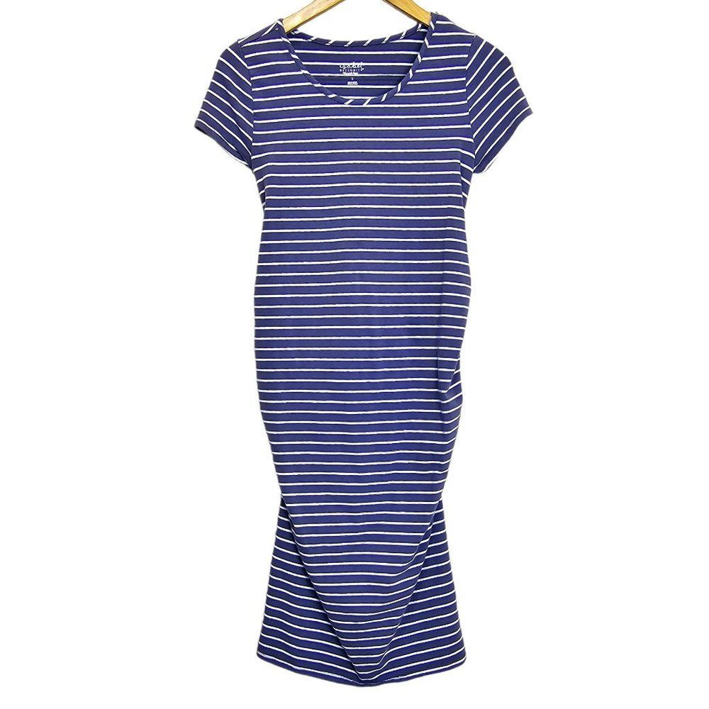 Isabel Maternity Ingrid & Isabel Blue Grey Ruched T-Shirt Dress Stripe Size S - Picture 1 of 6